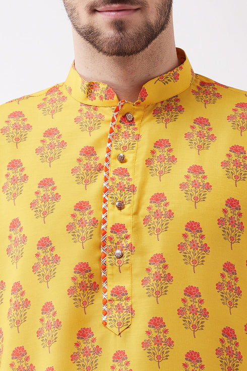 VASTRAMAY Multicolor-Base-Mustard And Cream Baap Beta Kurta